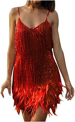 Womens Sequin Feather Fringe Cami Dress Sexy Sleeveless Spaghetti Strap Party Dress Cocktail Evening Mini Bodycon Dress