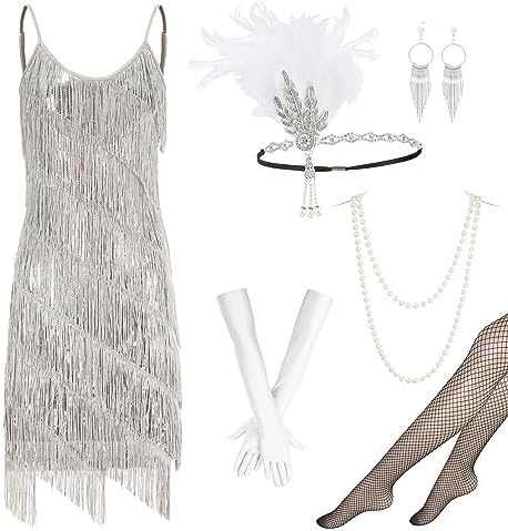 Gionforsy 1920s Flapper Dress Sequins Gatsby Dress Roaring 20s Costume Accessories Set