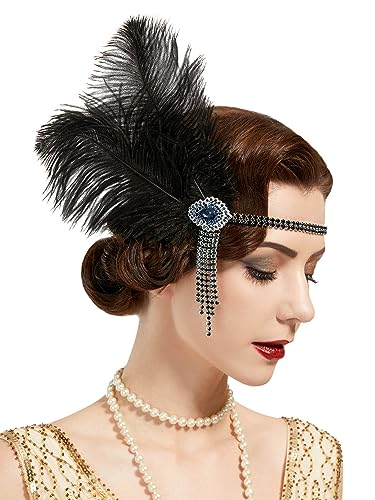 SWEETV Flapper Headband 1920s Headpiece for Women, Roaring 20s Great Gatsby Feather Rhinestone Hair Accessories,Navy Blue