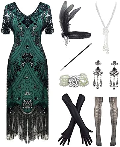 YENMILL Women's 1920s Sequins Flapper Gatsby Cocktail Dress with 20s Headband Accessories Set