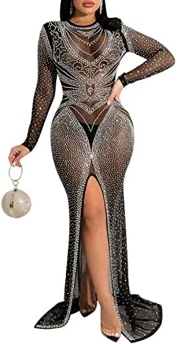PORRCEY Women's Sexy Elegant Rhinestone Long Sleeve Night Club Dress Party Clubwear Sparkly Evening Dress