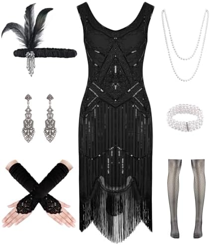 WILDPARTY 1920S Women Flapper Dress V Neck Sequin Bead Fringed Gatsby Dress Cocktail Dress With Roaring 20s Accessories