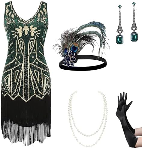 BABEYOND Women’s Flapper Dresses Set 1920s V Neck Beaded Sequin Fringed Great Gatsby Dress with Accessories Set