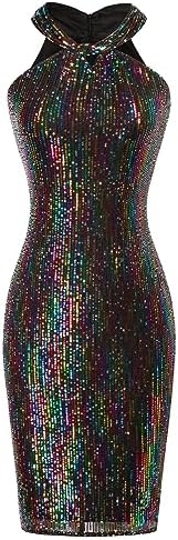 GRACE KARIN Women Sequin Dress Sleeveless Sparkly Glitter Halter Dress Bodycon Mini Club Dresses
