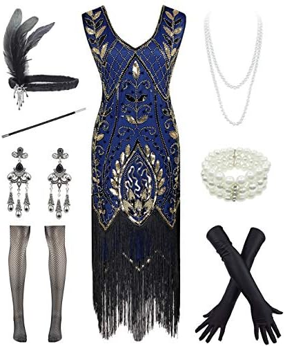 Letter Love Women 1920S V Neck Sequined Beaded Gatsby Flapper Dress with 20s Accessories Set