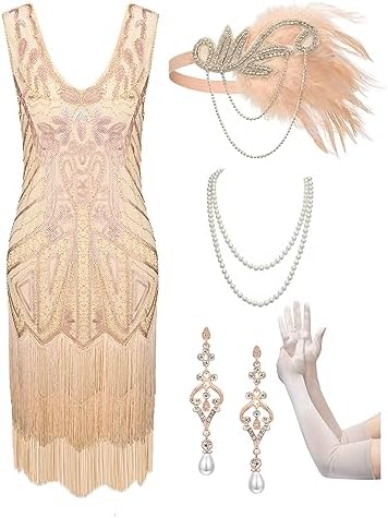SWEETV Women's Vintage Flapper Dress 1920s,Great Gatsby Sequin Fringe dresses with 20s Accessories Set For Party Prom